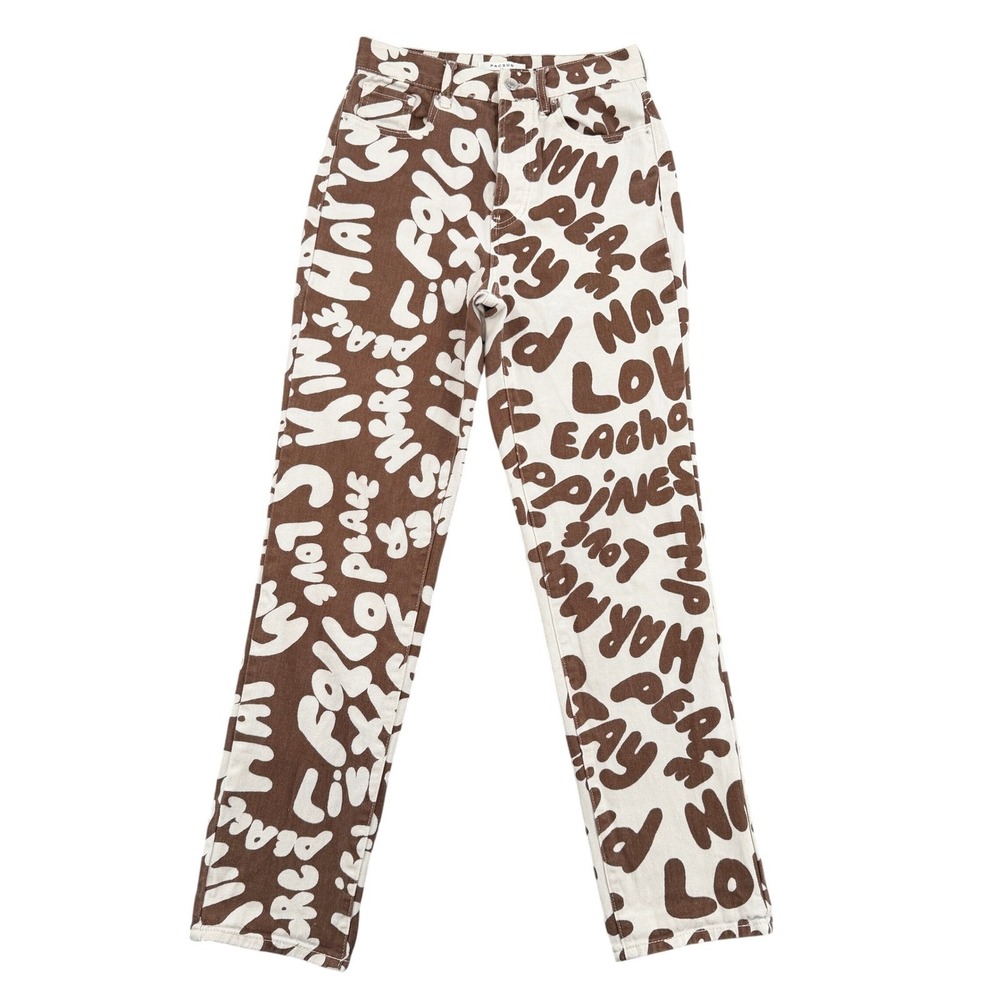 PacSun 25 Dad Jean Brown Graffiti Print High Waisted Straight Leg Button Fly - Picture 2 of 10